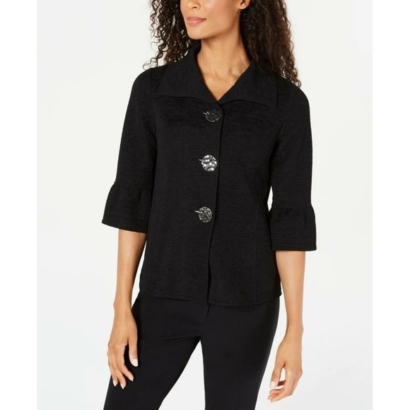 JM Collection Textured Bell-Sleeve Jacket Deep Black XL - Picture 1 of 3